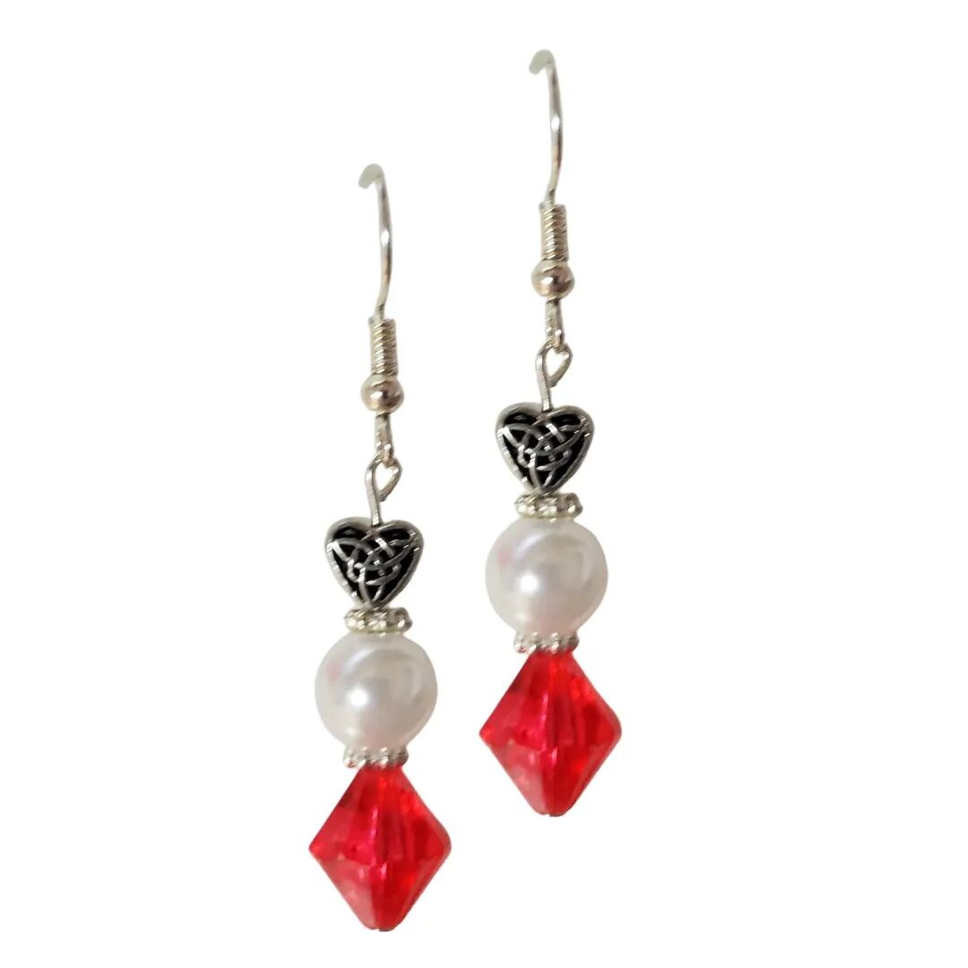 Red Crystal Earrings Silver Heart Earrings Pearl Earrings